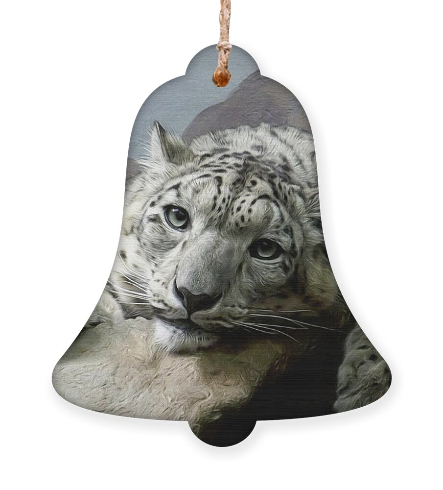 Snow Leopards Ornament featuring the digital art Snow Leopard Relaxing Digital Art by Ernest Echols