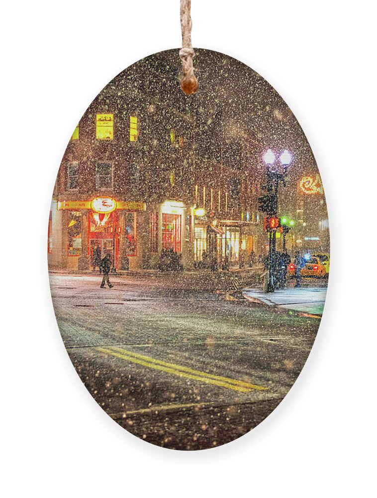 Harvard Ornament featuring the photograph Snowfall in Harvard Square Cambridge MA 2 by Toby McGuire