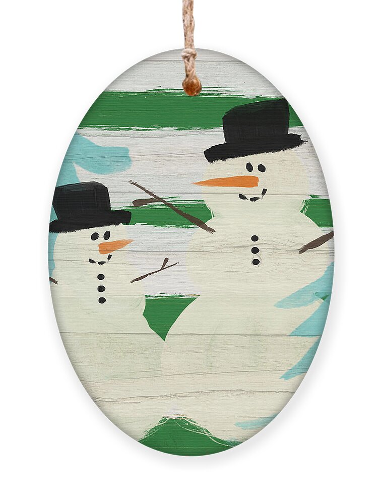 Snowman Ornament featuring the painting Snowmen With Blue Trees- Art by Linda Woods by Linda Woods