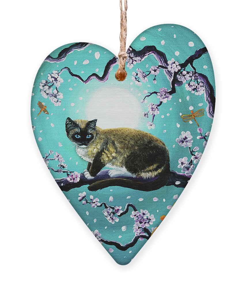Siamese Ornament featuring the painting Snowshoe Cat and Dragonfly in Sakura by Laura Iverson
