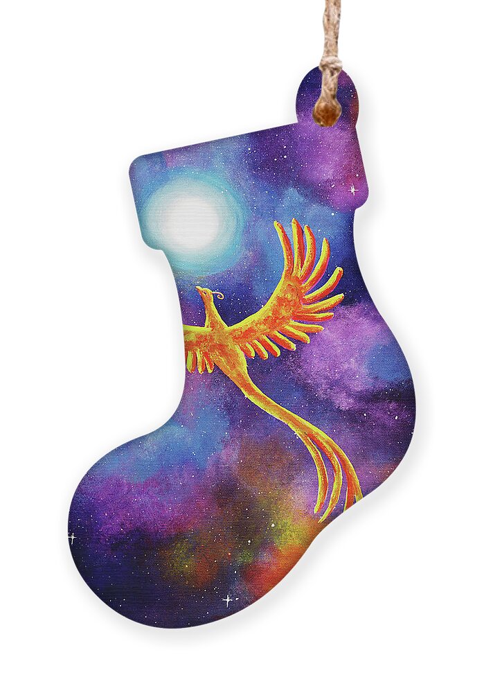 Fantasy Ornament featuring the painting Soaring Firebird in a Cosmic Sky by Laura Iverson