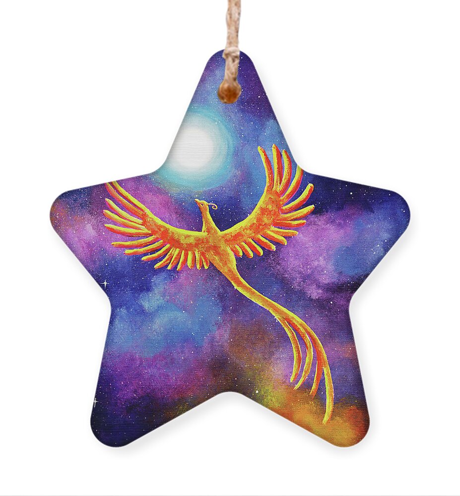 Fantasy Ornament featuring the painting Soaring Firebird in a Cosmic Sky by Laura Iverson