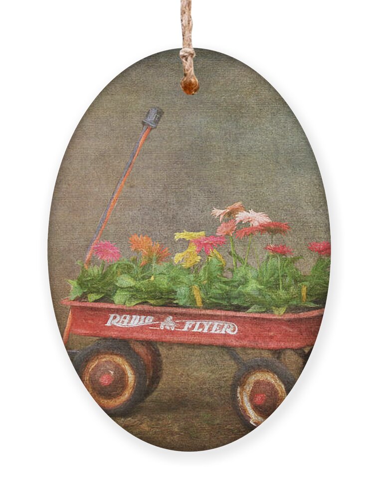 Wagon Ornament featuring the digital art Spring Red Wagon 1 by Jayne Carney
