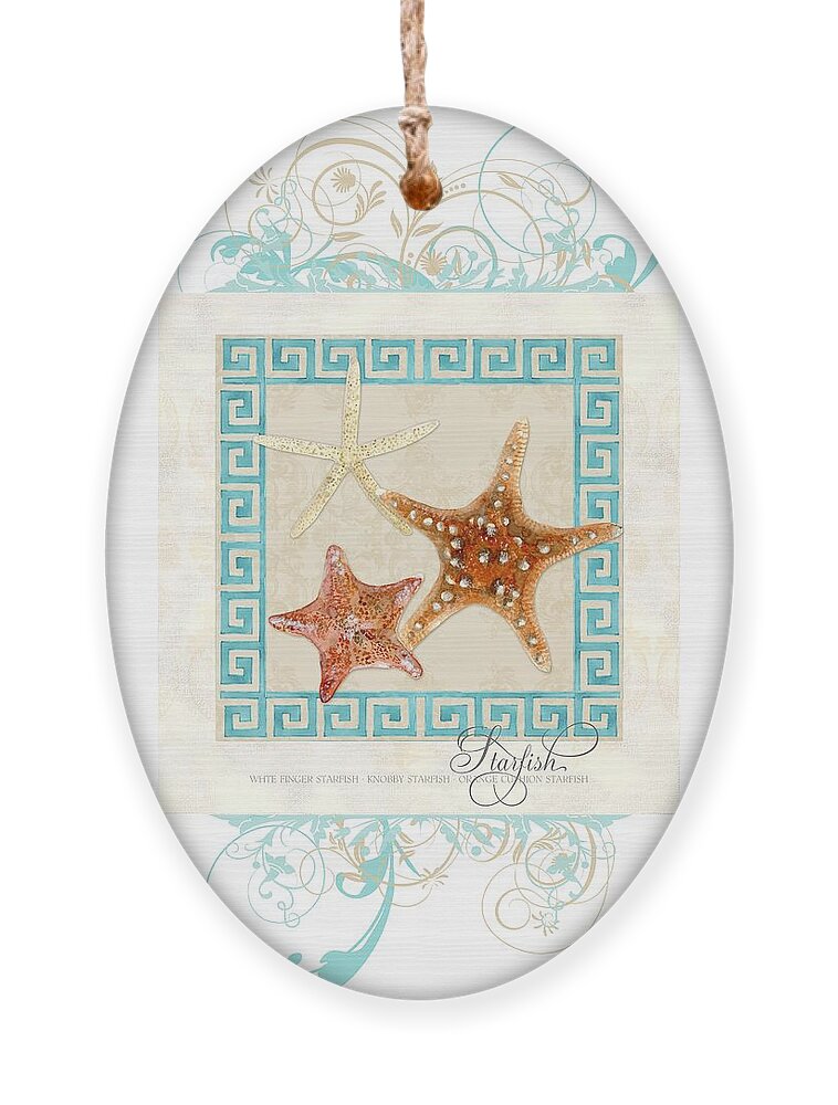 White Finger Starfish Ornament featuring the painting Starfish Greek Key Pattern w Swirls by Audrey Jeanne Roberts