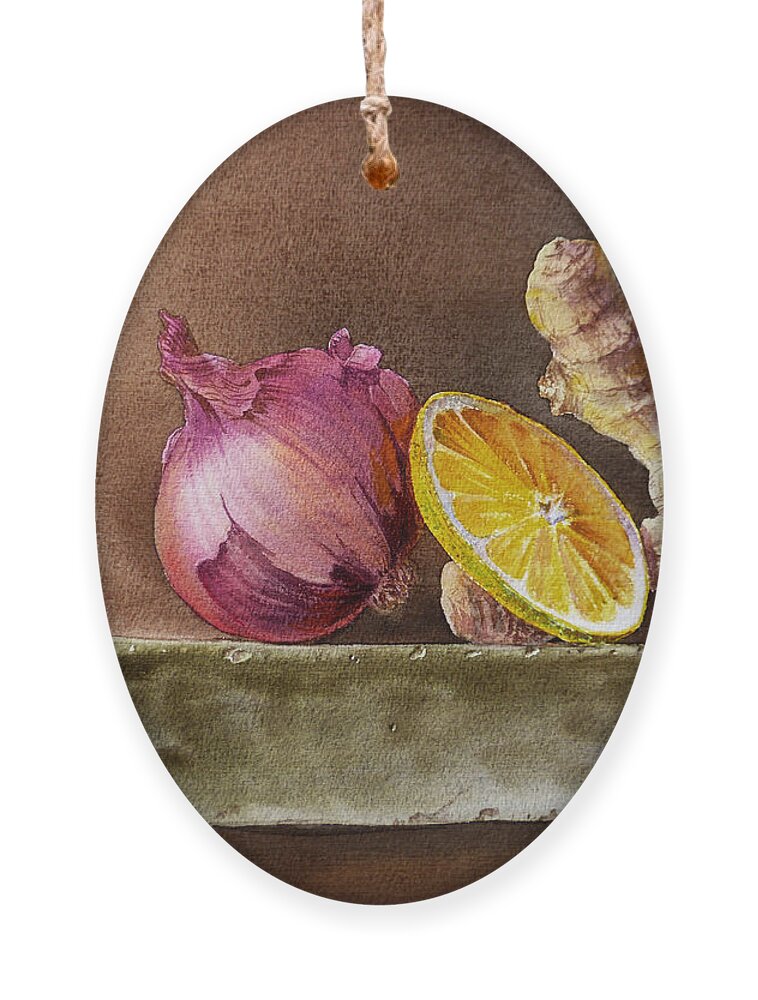 Onion Ornament featuring the painting Still Life With Onion Lemon And Ginger by Irina Sztukowski
