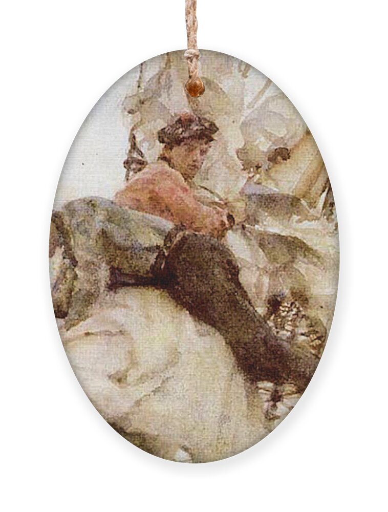 Henry Ornament featuring the painting Stowing the Headsails by Henry Scott Tuke