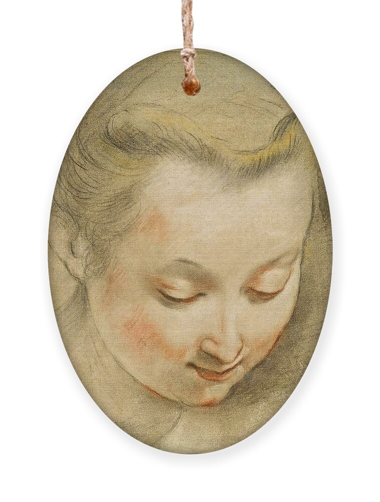 Federico Barocci Ornament featuring the drawing Study of the Head of a Young Woman looking down to the Right by Federico Barocci