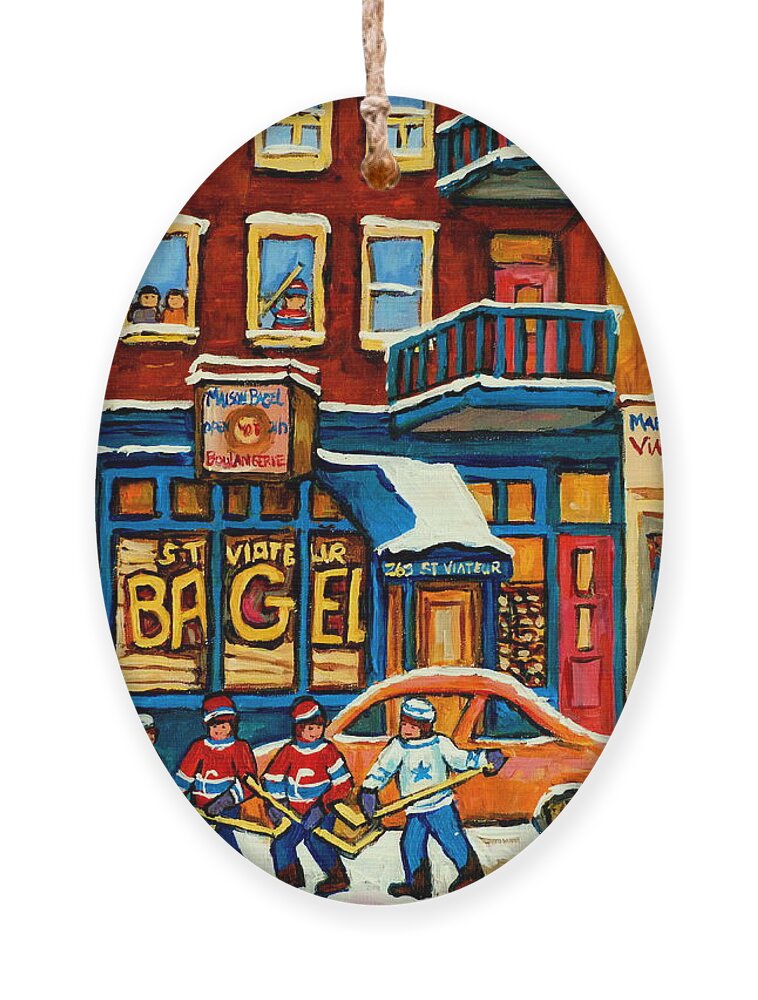 St.viateur Bagel Ornament featuring the painting St.viateur Bagel Hockey Montreal by Carole Spandau