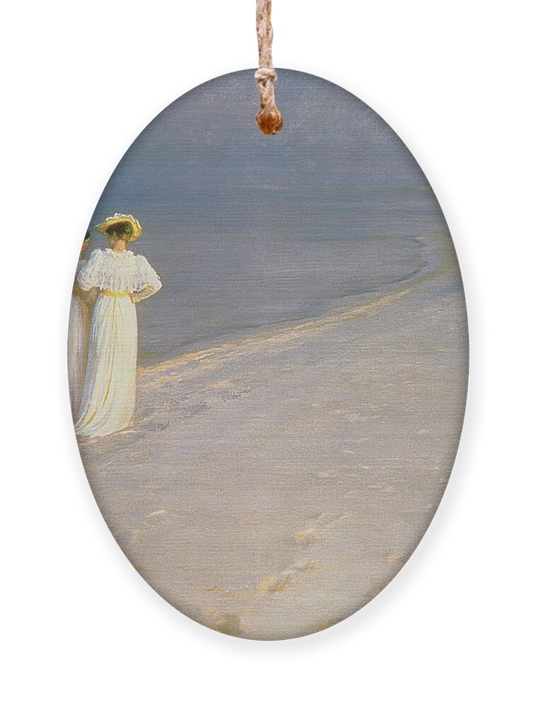 Kroyer Ornament featuring the painting Summer Evening on the Skagen Southern Beach with Anna Ancher and Marie Kroyer by Peder Severin Kroyer