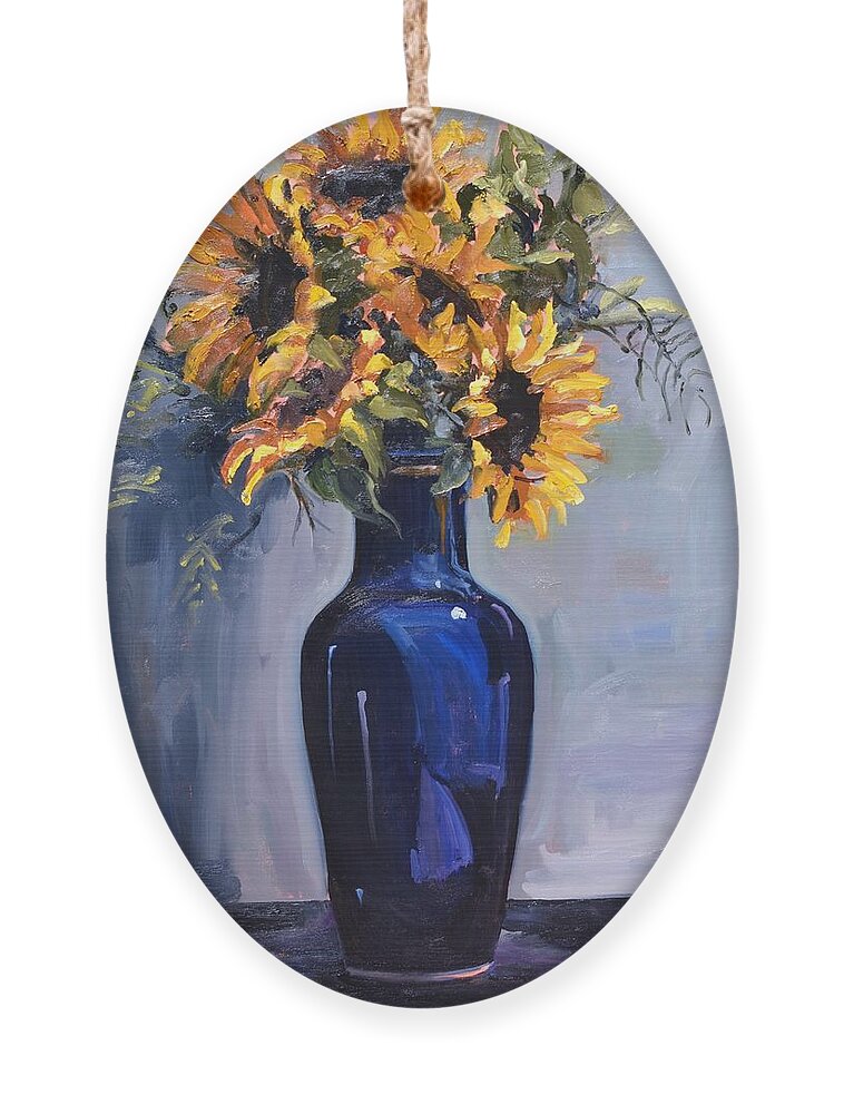 Sunflower Ornament featuring the painting Sunflowers in a Blue Vase by Donna Tuten