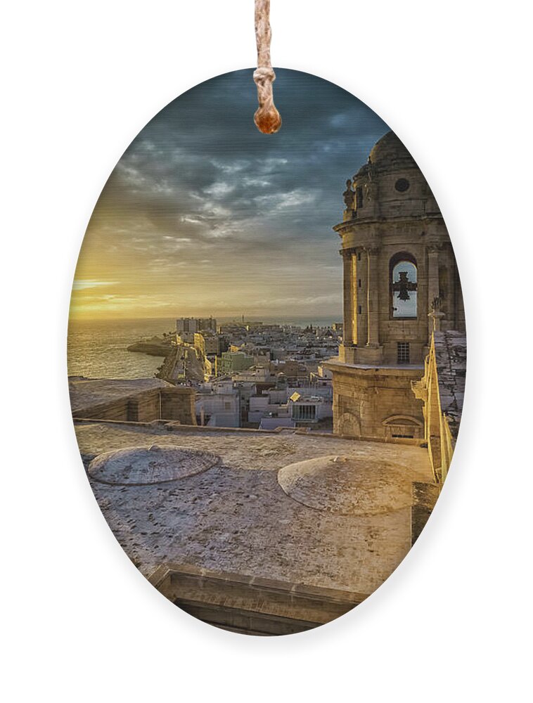 12mm F2 Ornament featuring the photograph Sunset in Cadiz Cathedral View from Levante Tower Cadiz Spain by Pablo Avanzini