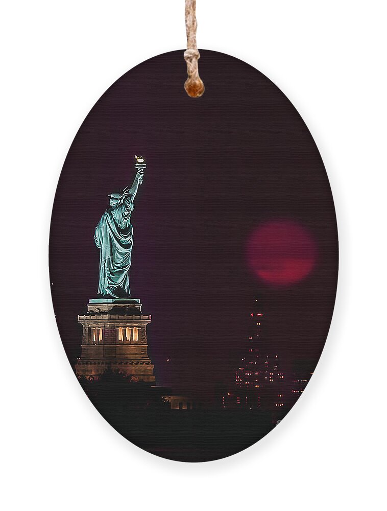 Supermoon Ornament featuring the photograph Super Moon Rising and the Statue of Liberty by Alissa Beth Photography