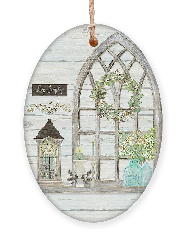  Ornament featuring the painting Sweet Life Farmhouse 3 Gothic Window Lantern Floral Shiplap Wood by Audrey Jeanne Roberts