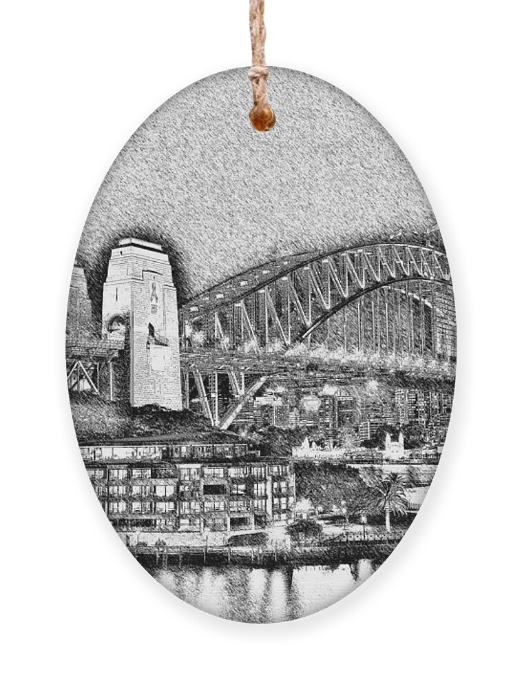 Photography Ornament featuring the photograph Sydney Harbour Bridge Pencil Sketch by Kaye Menner by Kaye Menner