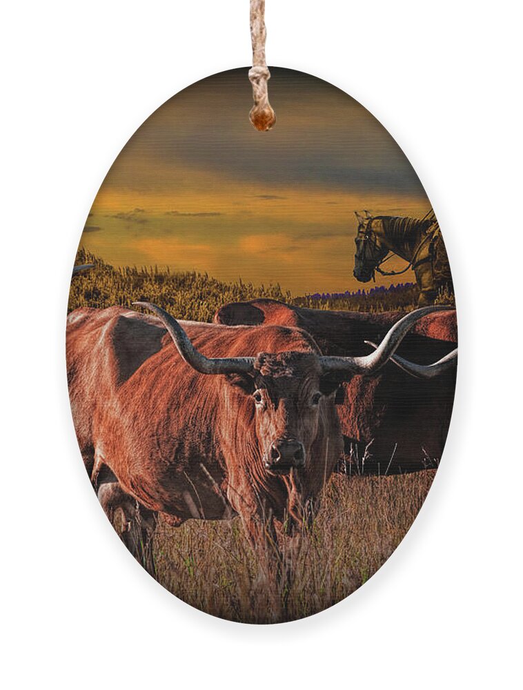 Longhorn Ornament featuring the photograph Texas Longhorn Steers and Cowboy at Sunset by Randall Nyhof