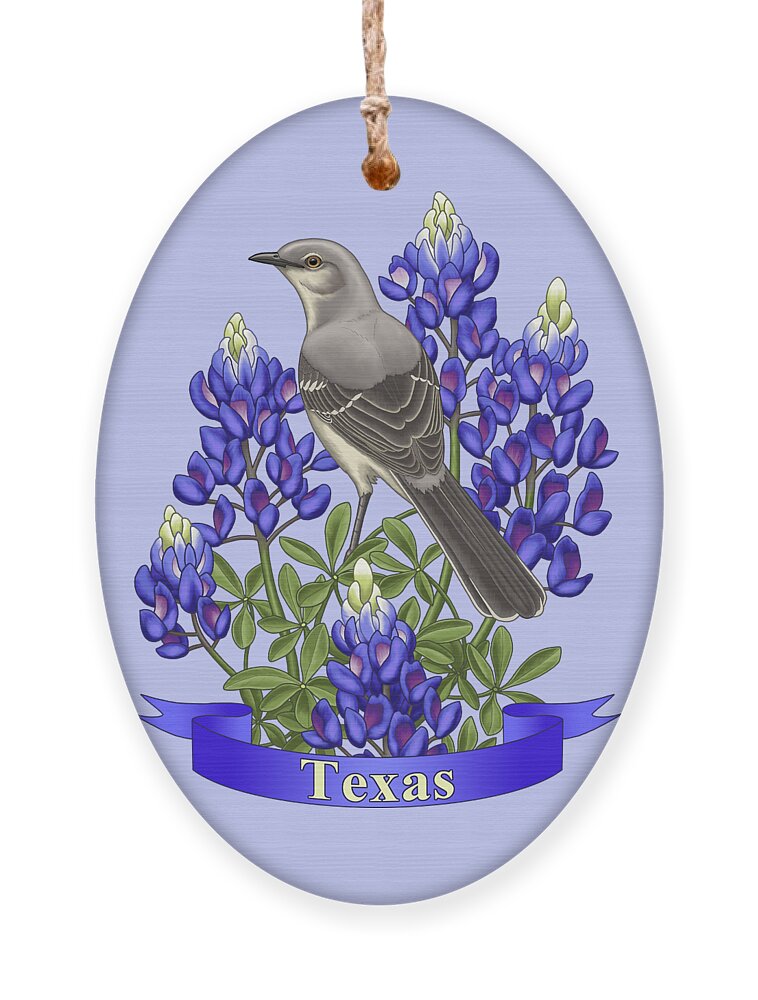 Birds Ornament featuring the painting Texas State Mockingbird and Bluebonnet Flower by Crista Forest