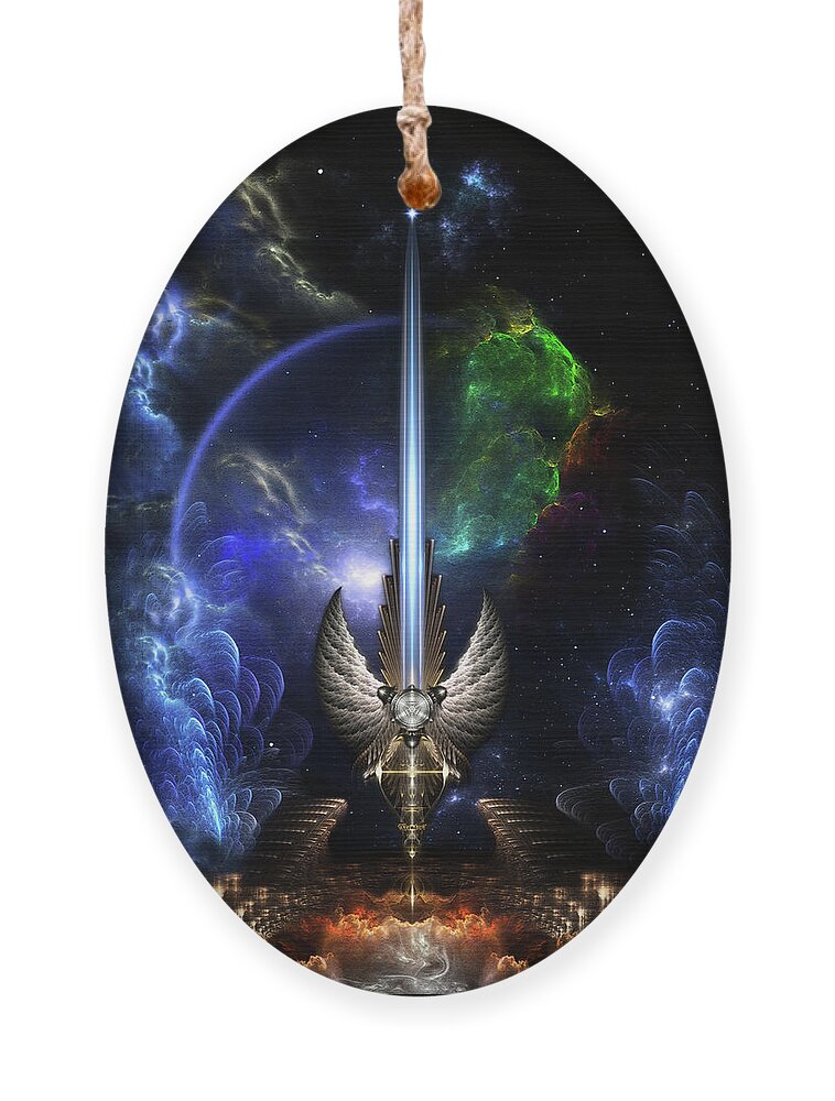 Angel Wing Sword Of Arkledious Ornament featuring the digital art The Angel Wing Sword Of Arkledious Space Fractal Art Composition by Rolando Burbon