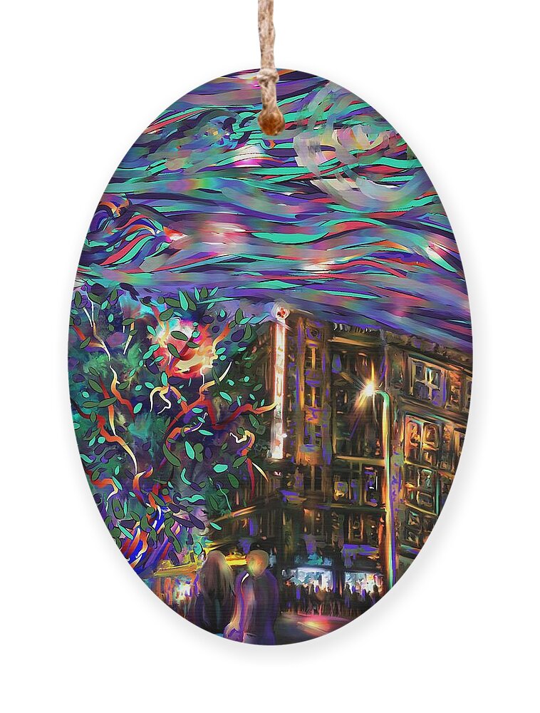 Night Scene Ornament featuring the digital art The Aztec Theater Under the Moonlight by Angela Weddle