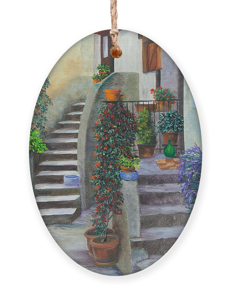 Italy Street Painting Ornament featuring the painting The Back Stairs by Charlotte Blanchard