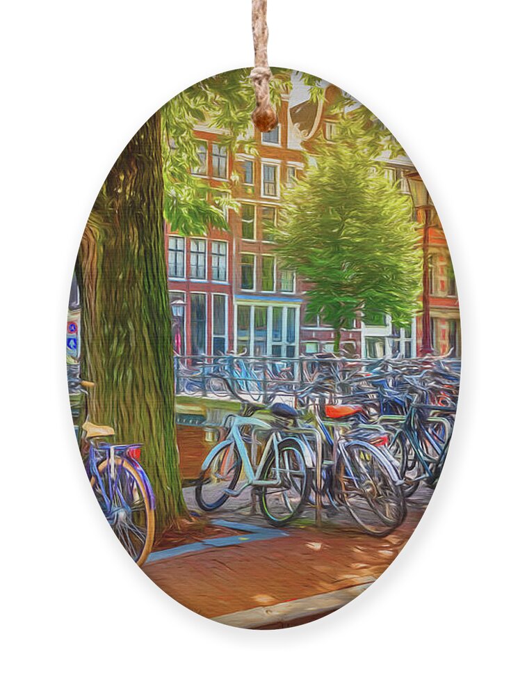 Spring Ornament featuring the photograph The Bicycles of Amsterdam Watercolor Painting by Debra and Dave Vanderlaan