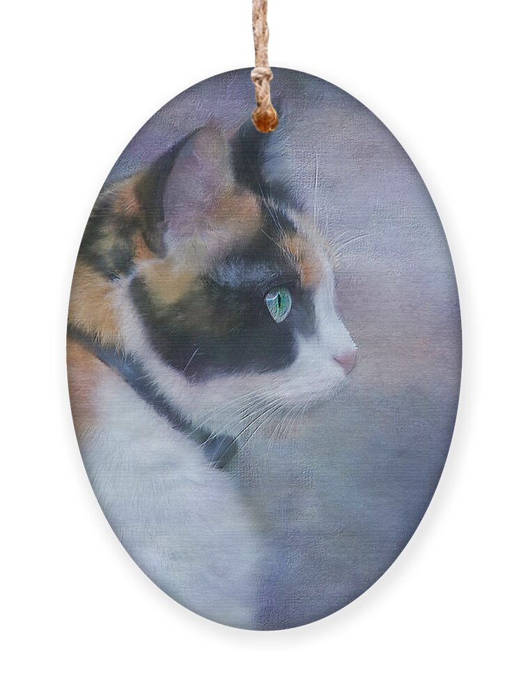 Cat Ornament featuring the digital art The Calico Staredown by Colleen Taylor