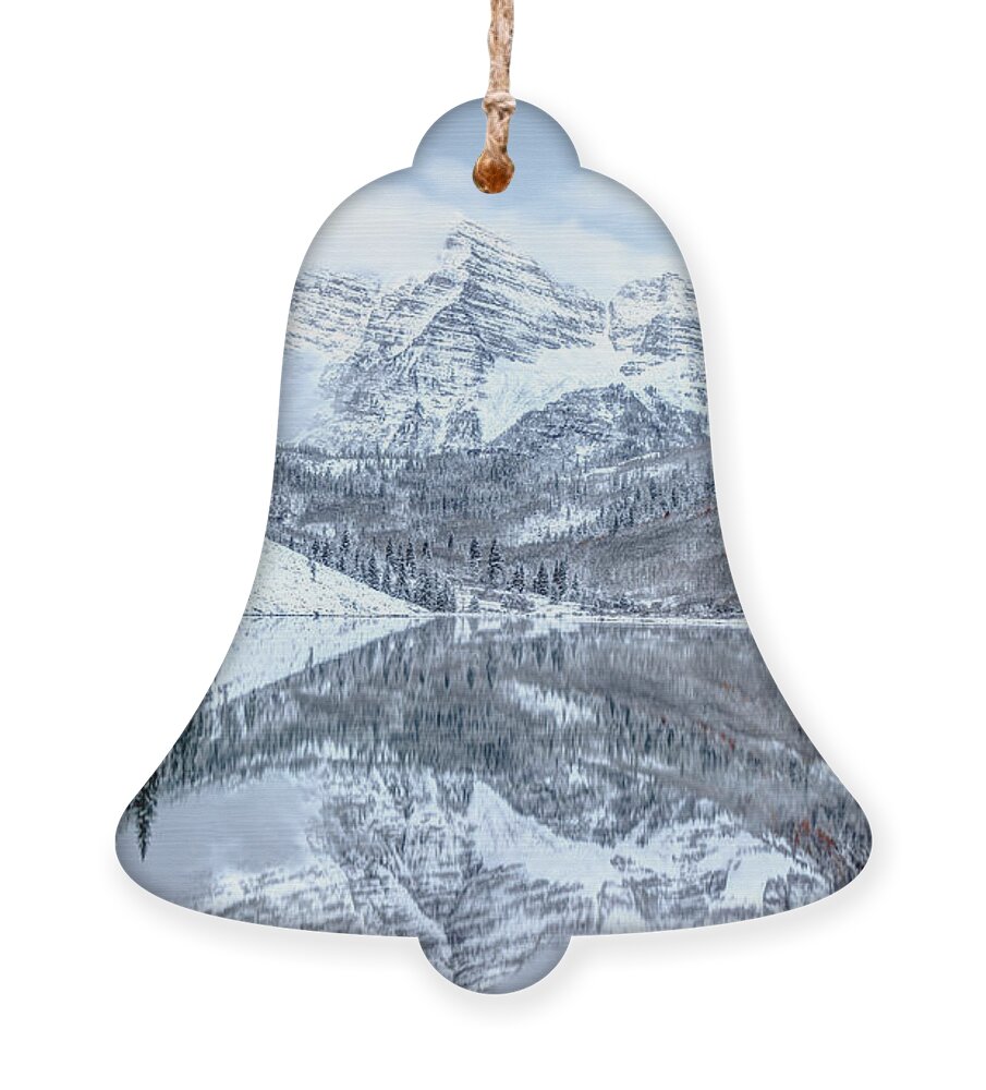 America Ornament featuring the photograph The Snowy Bells - Maroon Bells Aspen Colorado by Gregory Ballos