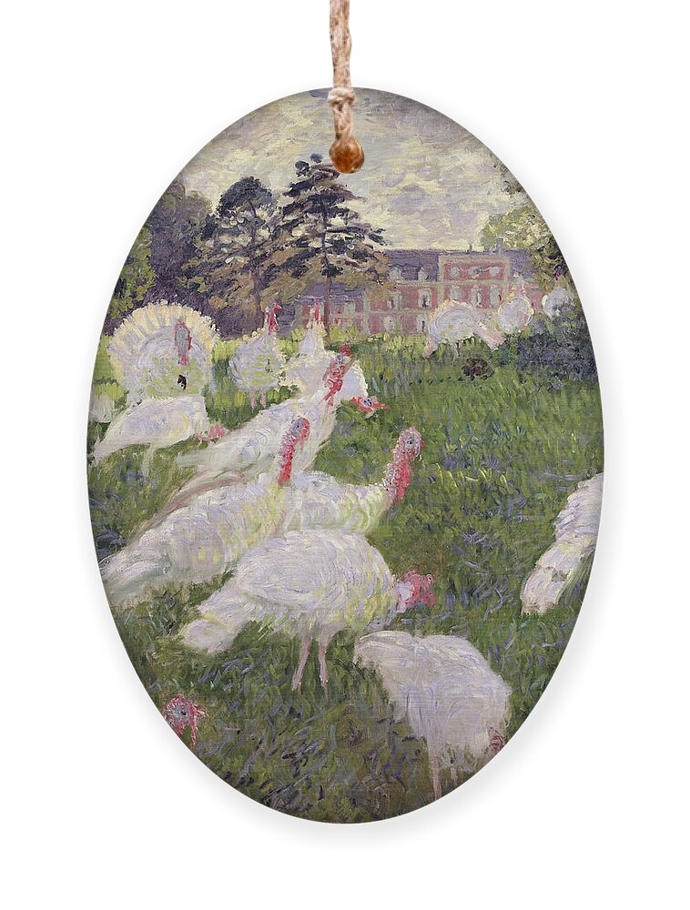 The Turkeys At The Chateau De Rottembourg Ornament featuring the painting The Turkeys at the Chateau de Rottembourg by Claude Monet