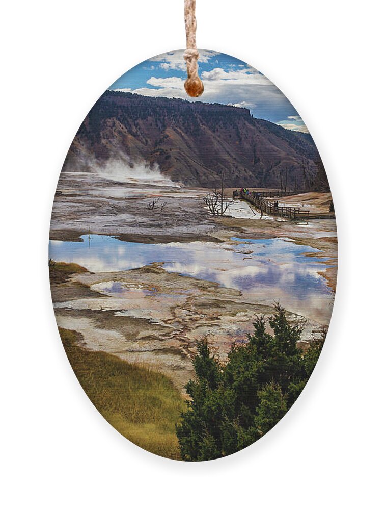 America Ornament featuring the photograph Thermal Pool at Mammoth Host Springs by Roslyn Wilkins