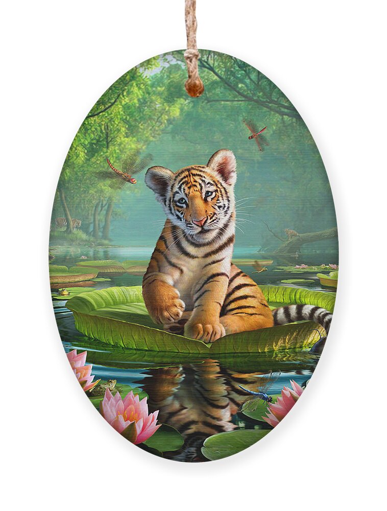 Most Popular Best Seller Tiger Dragonfly Turtle Frog Catfish Egret Duck Python Snake Swamp Marsh Water Reflection Lily Pads Flowers Trees Tropical Humid Misty India Asia Cute Adorable Sweet Playful Nibble Exotic Pond Ripples Morning Adventure Funny Humorous Colorful Nature Wildlife Tiger Cub Beautiful Stripes Ornament featuring the digital art Tiger Lily 1 by Jerry LoFaro