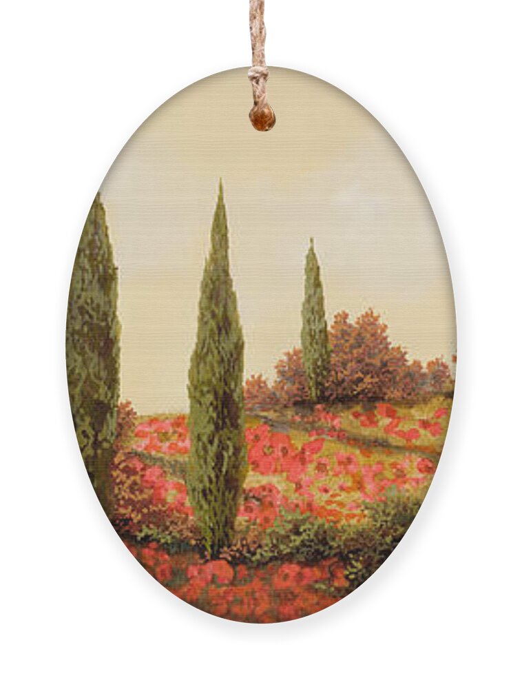 Landscape Ornament featuring the painting Tre Case Tra I Papaveri Rossi by Guido Borelli