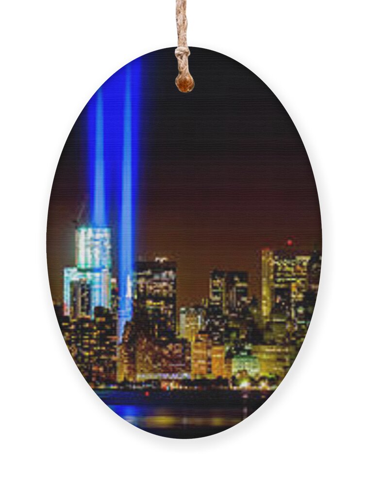 9-11 Ornament featuring the photograph Tribute in Light from Bayonne by Nick Zelinsky Jr