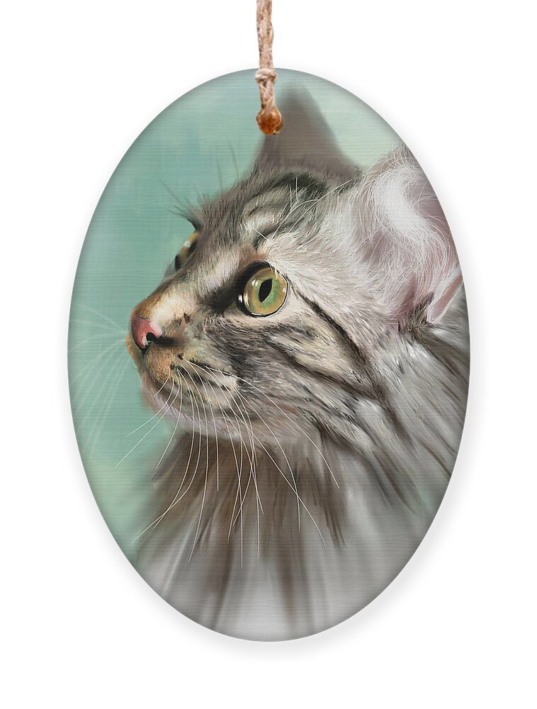 Cat Portrait Ornament featuring the digital art Trixie the Maine Coon Cat by Angela Murdock
