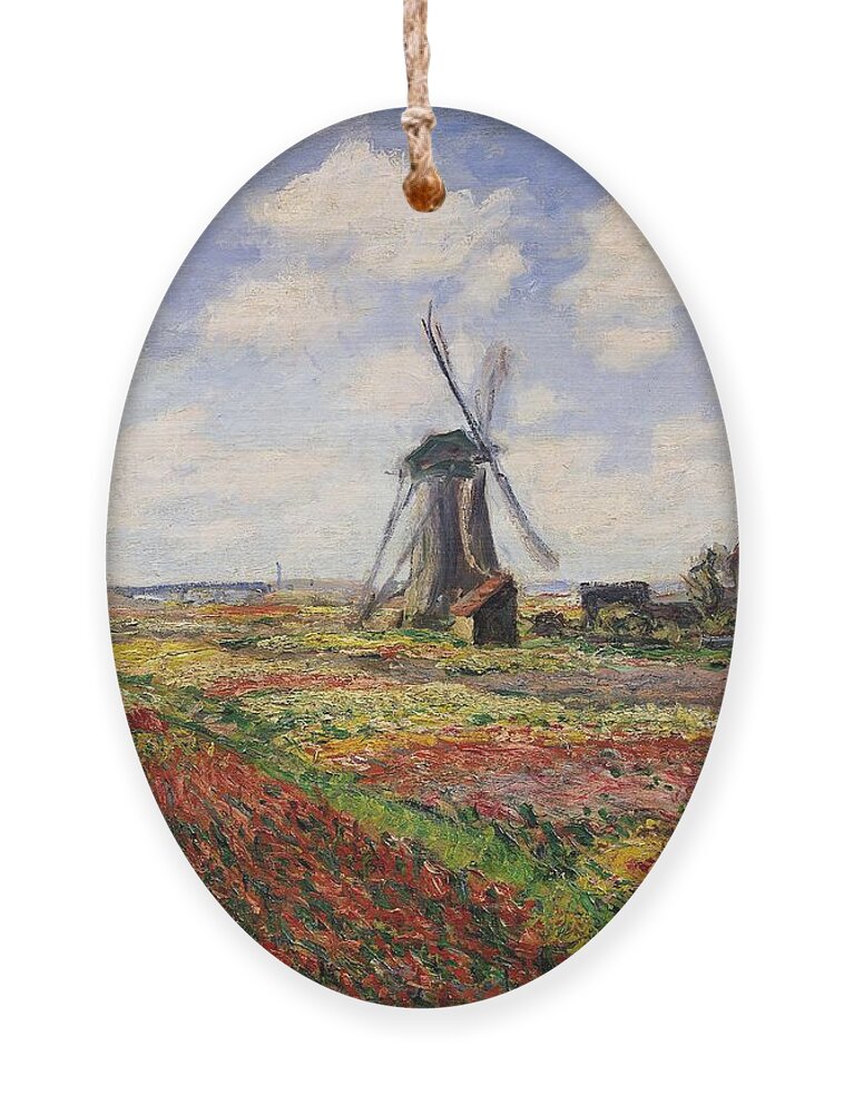Claude Monet Ornament featuring the painting Tulip Fields with the Rijnsburg Windmill by Claude Monet