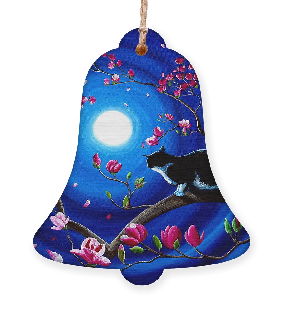 Tuxedo Ornament featuring the painting Tuxedo Cat in a Japanese Magnolia Tree by Laura Iverson