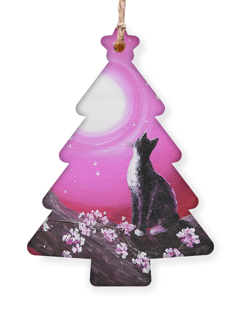 Tuxedo Cat Ornament featuring the painting Tuxedo Cat in Cherry Blossoms by Laura Iverson