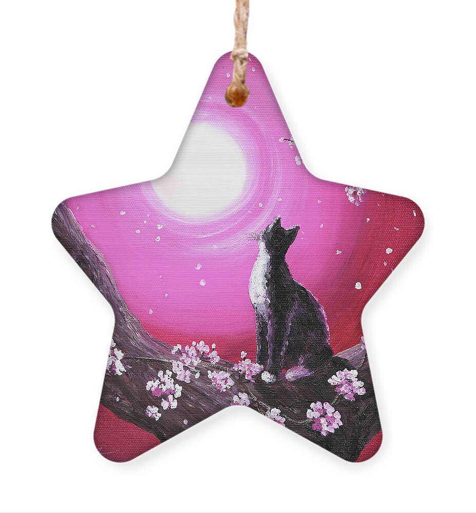 Tuxedo Cat Ornament featuring the painting Tuxedo Cat in Cherry Blossoms by Laura Iverson