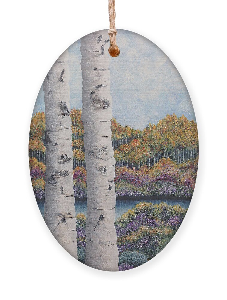 Twin Aspens Ornament featuring the painting Twin Aspens by Holly Carmichael
