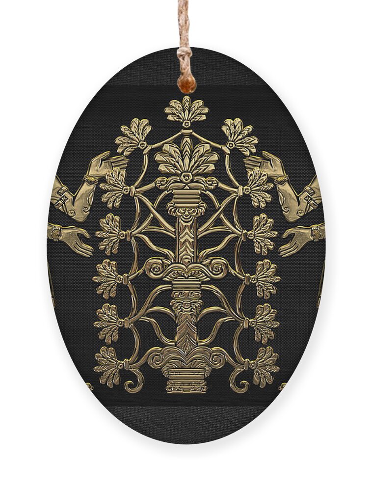 ‘treasures Of Mesopotamia’ Collection By Serge Averbukh Ornament featuring the digital art Two Instances of Gold God Ninurta with Tree of Life over Black Canvas by Serge Averbukh
