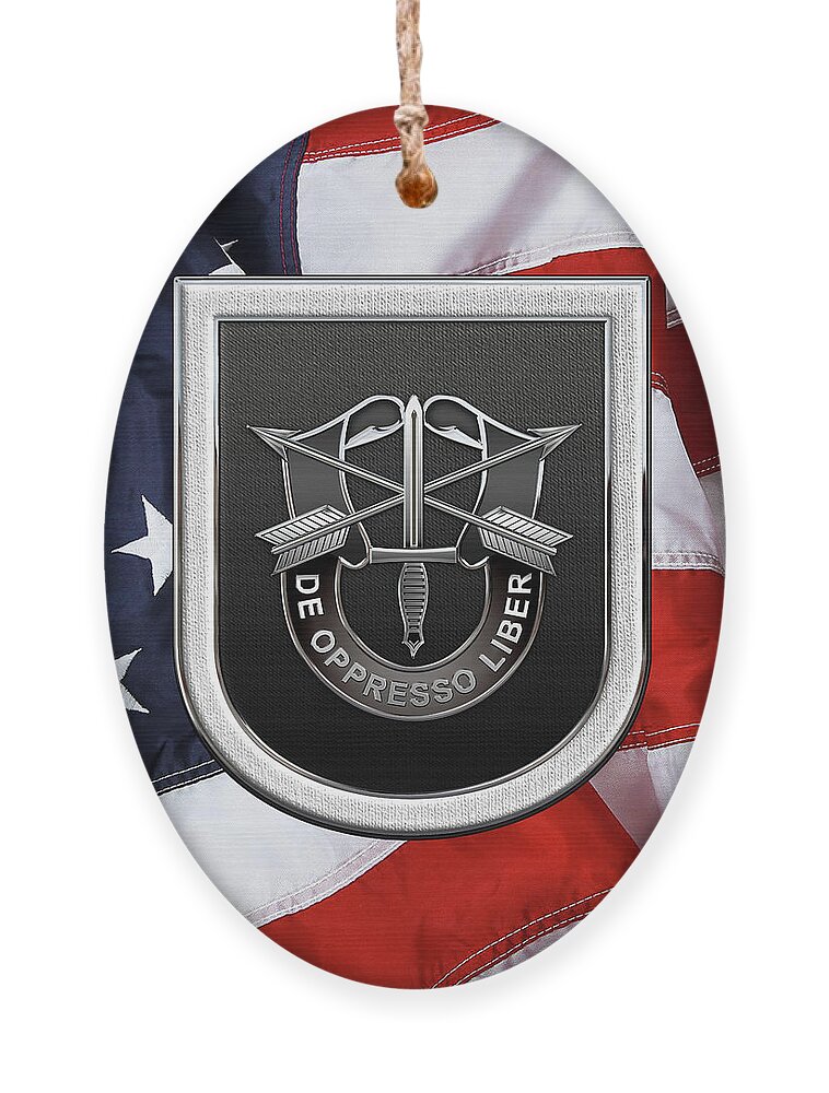 'u.s. Army Special Forces' Collection By Serge Averbukh Ornament featuring the digital art U. S. Army 5th Special Forces Group - 5 S F G Beret Flash over American Flag by Serge Averbukh