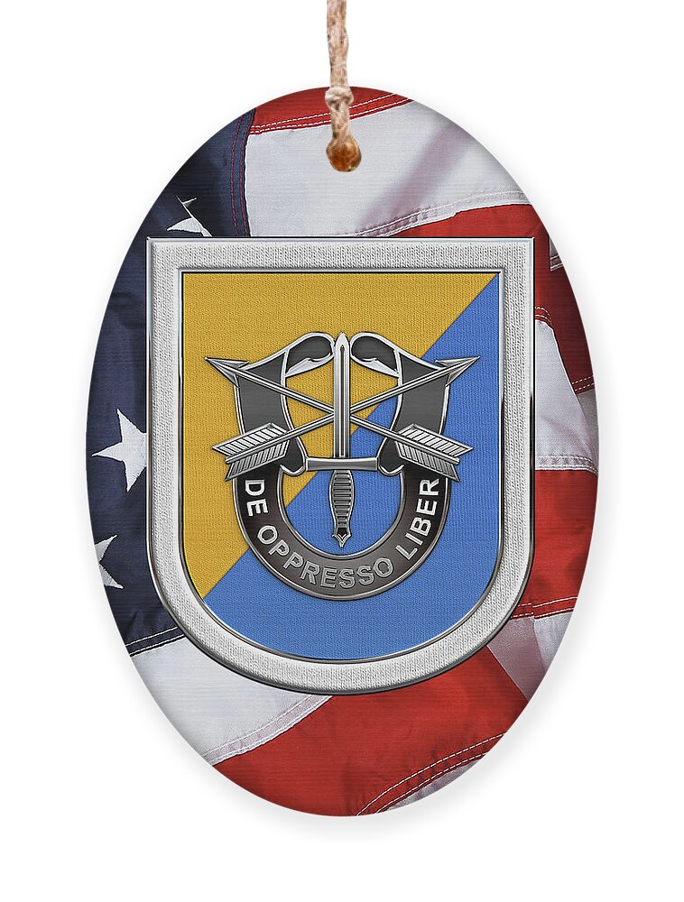 'u.s. Army Special Forces' Collection By Serge Averbukh Ornament featuring the digital art U. S. Army 8th Special Forces Group - 8 S F G Beret Flash over American Flag by Serge Averbukh