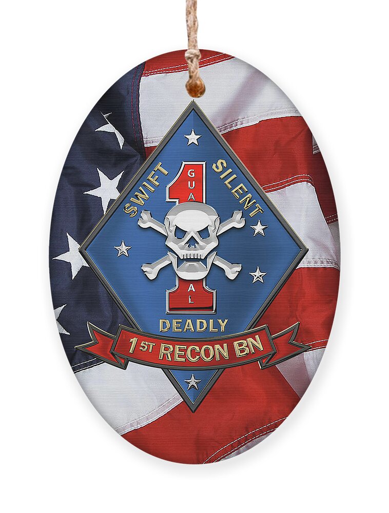 'military Insignia & Heraldry' Collection By Serge Averbukh Ornament featuring the digital art U S M C 1st Reconnaissance Battalion - 1st Recon Bn Insignia over American Flag by Serge Averbukh