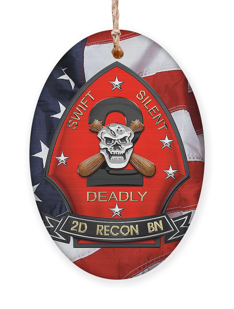 'military Insignia & Heraldry' Collection By Serge Averbukh Ornament featuring the digital art U S M C 2nd Reconnaissance Battalion - 2nd Recon Bn Insignia over American Flag by Serge Averbukh