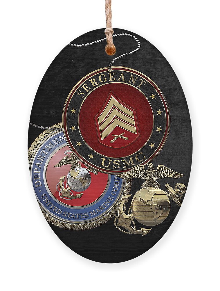 Military Insignia 3d By Serge Averbukh Ornament featuring the digital art U. S. Marines Sergeant - U S M C Sgt Rank Insignia over Black Velvet by Serge Averbukh