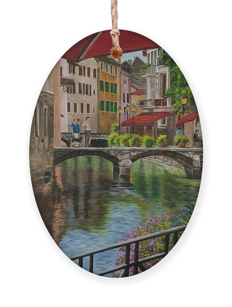 Annecy France Art Ornament featuring the painting Under the Umbrella in Annecy by Charlotte Blanchard