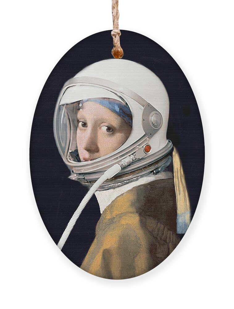 Richard Reeve Ornament featuring the digital art Vermeer - Girl in a Space Helmet by Richard Reeve