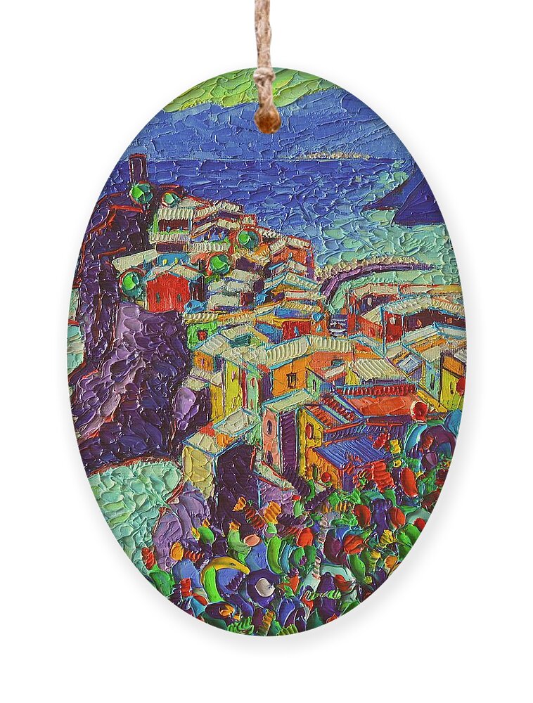 Vernazza Ornament featuring the painting Vernazza Cinque Terre Italy 2 Modern Impressionist Palette Knife Oil Painting By Ana Maria Edulescu by Ana Maria Edulescu
