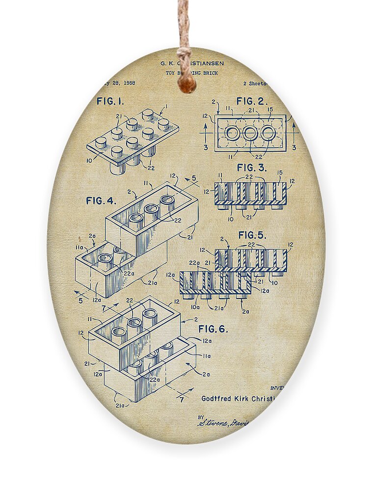 Toy Ornament featuring the drawing Vintage 1961 Toy Building Brick Patent Art by Nikki Marie Smith