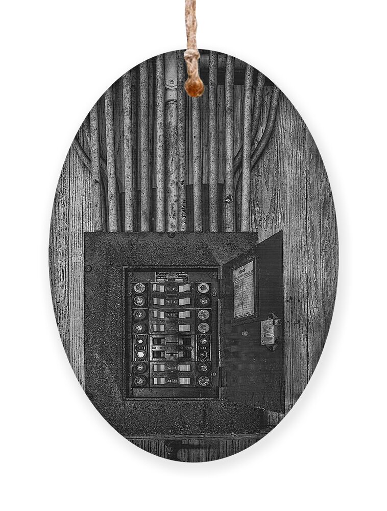 Electrician Ornament featuring the photograph Vintage Electric Panel BW by Susan Candelario