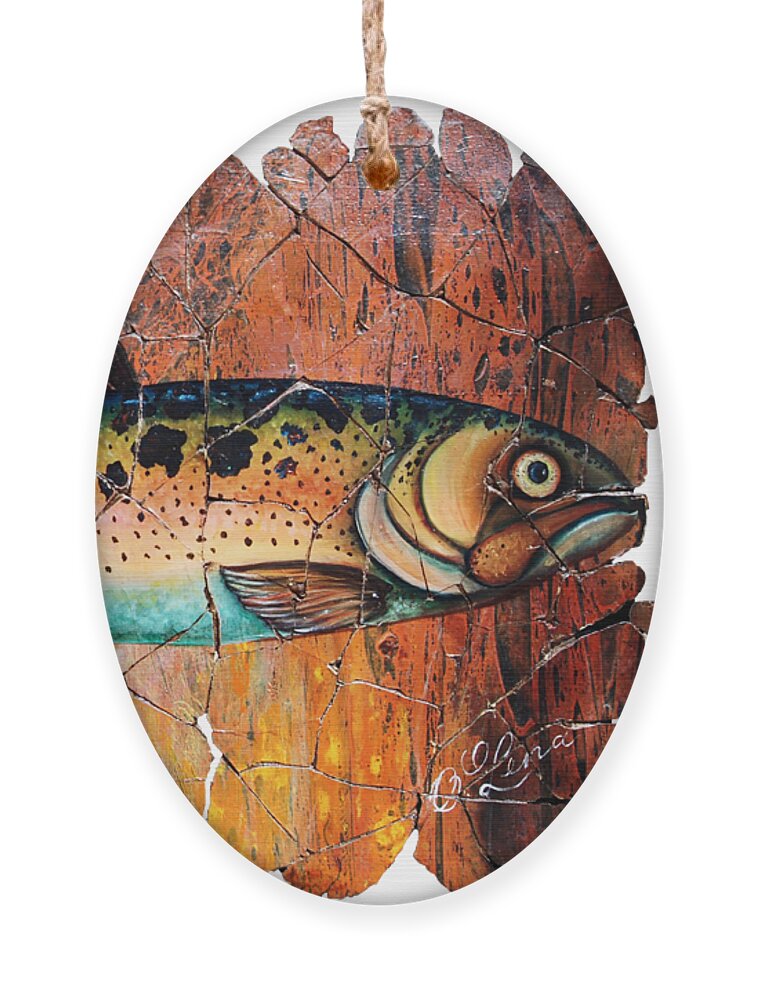 Red Trout Fresco Transparent Fresco Ornament featuring the painting Fresco Red Trout White Background by Lena Owens - OLena Art Vibrant Palette Knife and Graphic Design