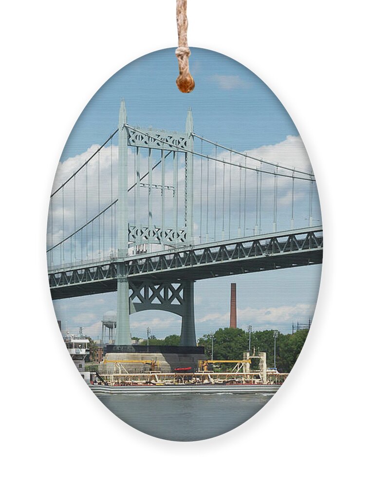 Barge Ornament featuring the photograph Water and Ship under the Bridge by Cate Franklyn